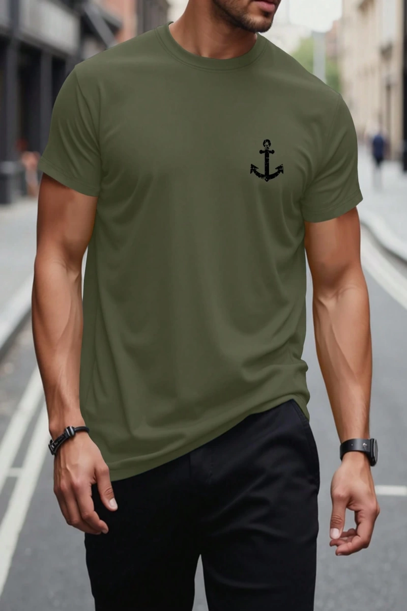 Erkek Tişörtleri Fit Crew Yaka Kısa Kollu Grafik Tişört Çapa Lacivert Rahat Y