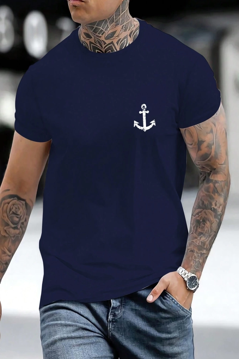Erkek Tişörtleri Fit Crew Yaka Kısa Kollu Grafik Tişört Çapa Lacivert Rahat Y