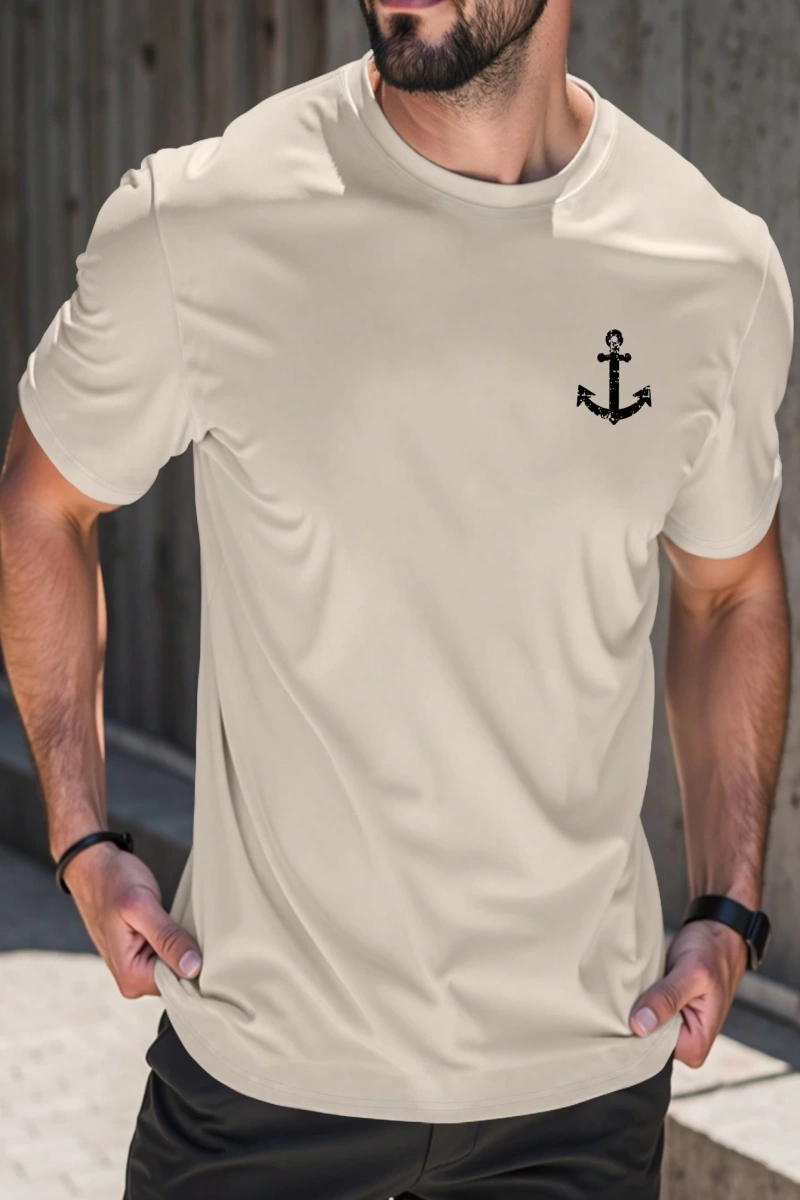 Erkek Tişörtleri Fit Crew Yaka Kısa Kollu Grafik Tişört Çapa Lacivert Rahat Y