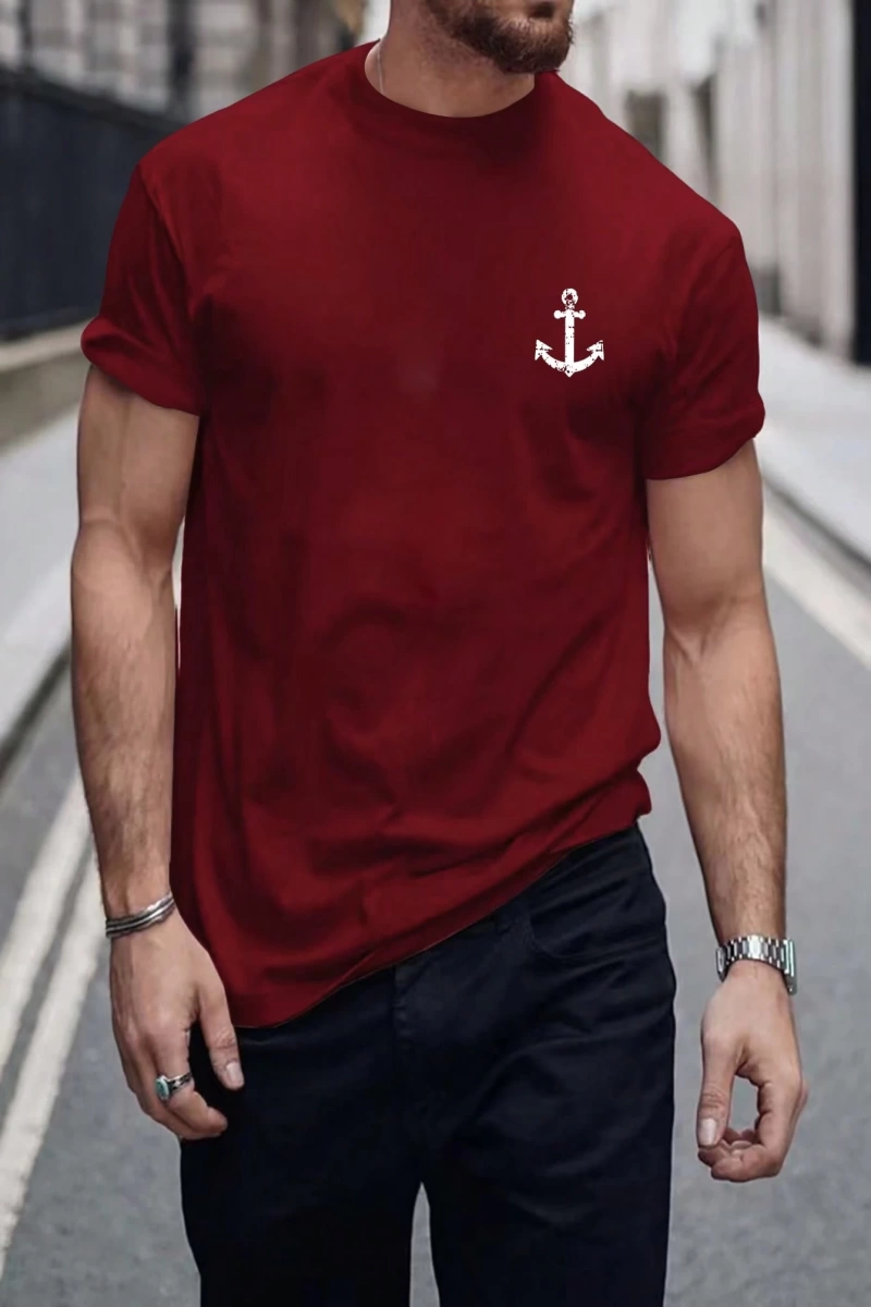 Erkek Tişörtleri Fit Crew Yaka Kısa Kollu Grafik Tişört Çapa Lacivert Rahat Y