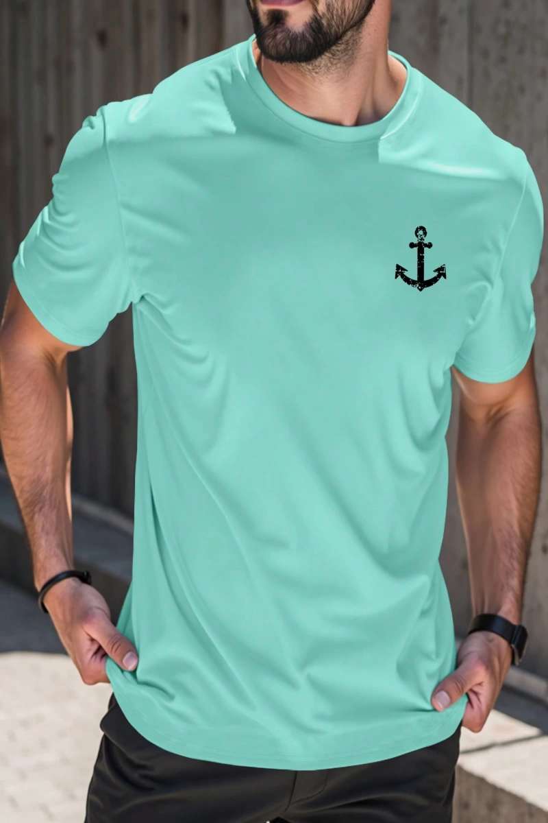 Erkek Tişörtleri Fit Crew Yaka Kısa Kollu Grafik Tişört Çapa Lacivert Rahat Y
