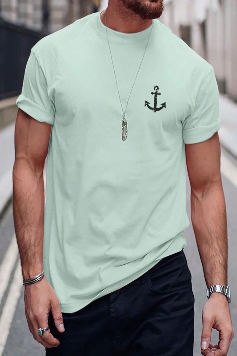Erkek Tişörtleri Fit Crew Yaka Kısa Kollu Grafik Tişört Çapa Lacivert Rahat Y