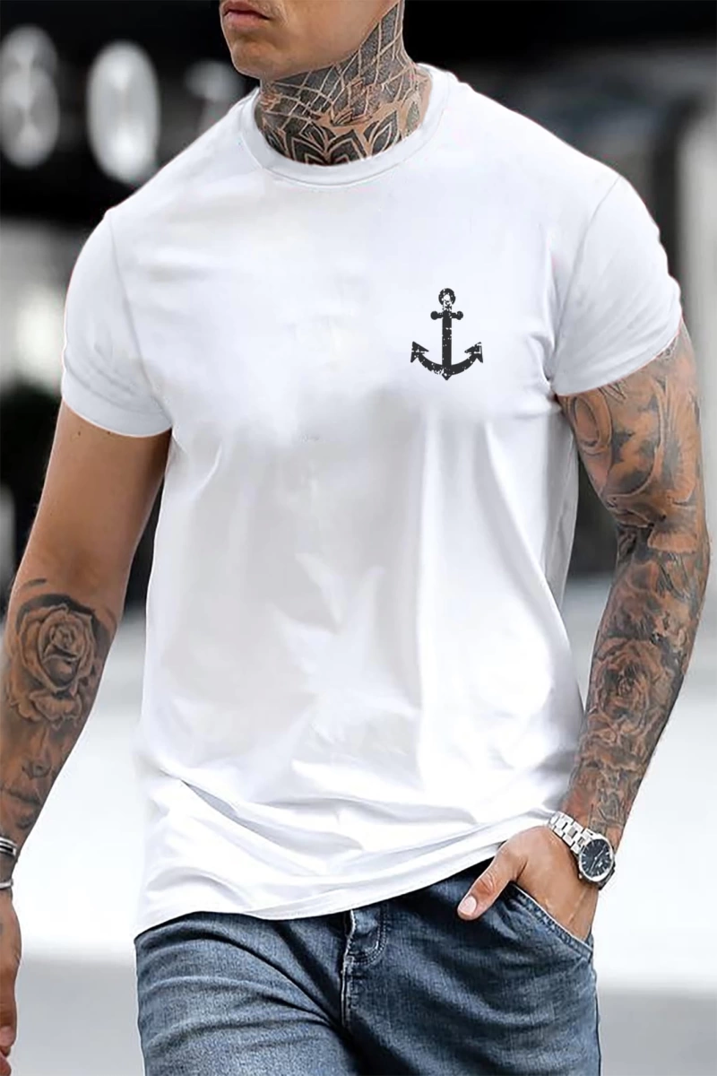 Erkek Tişörtleri Fit Crew Yaka Kısa Kollu Grafik Tişört Çapa Lacivert Rahat Y