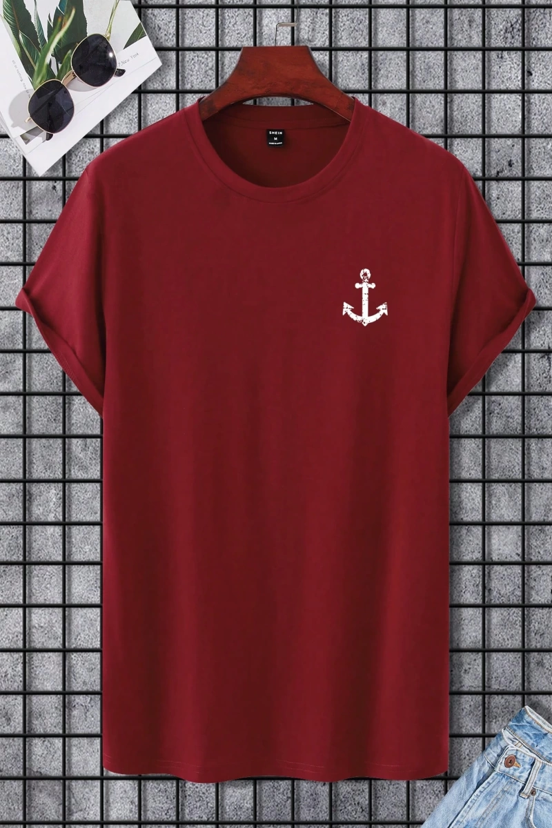Erkek Tişörtleri Fit Crew Yaka Kısa Kollu Grafik Tişört Çapa Lacivert Rahat Y