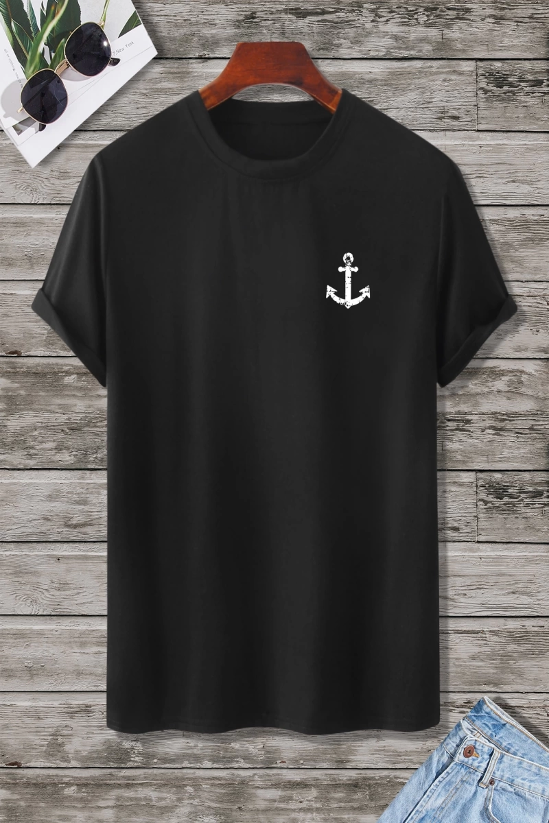 Erkek Tişörtleri Fit Crew Yaka Kısa Kollu Grafik Tişört Çapa Lacivert Rahat Y