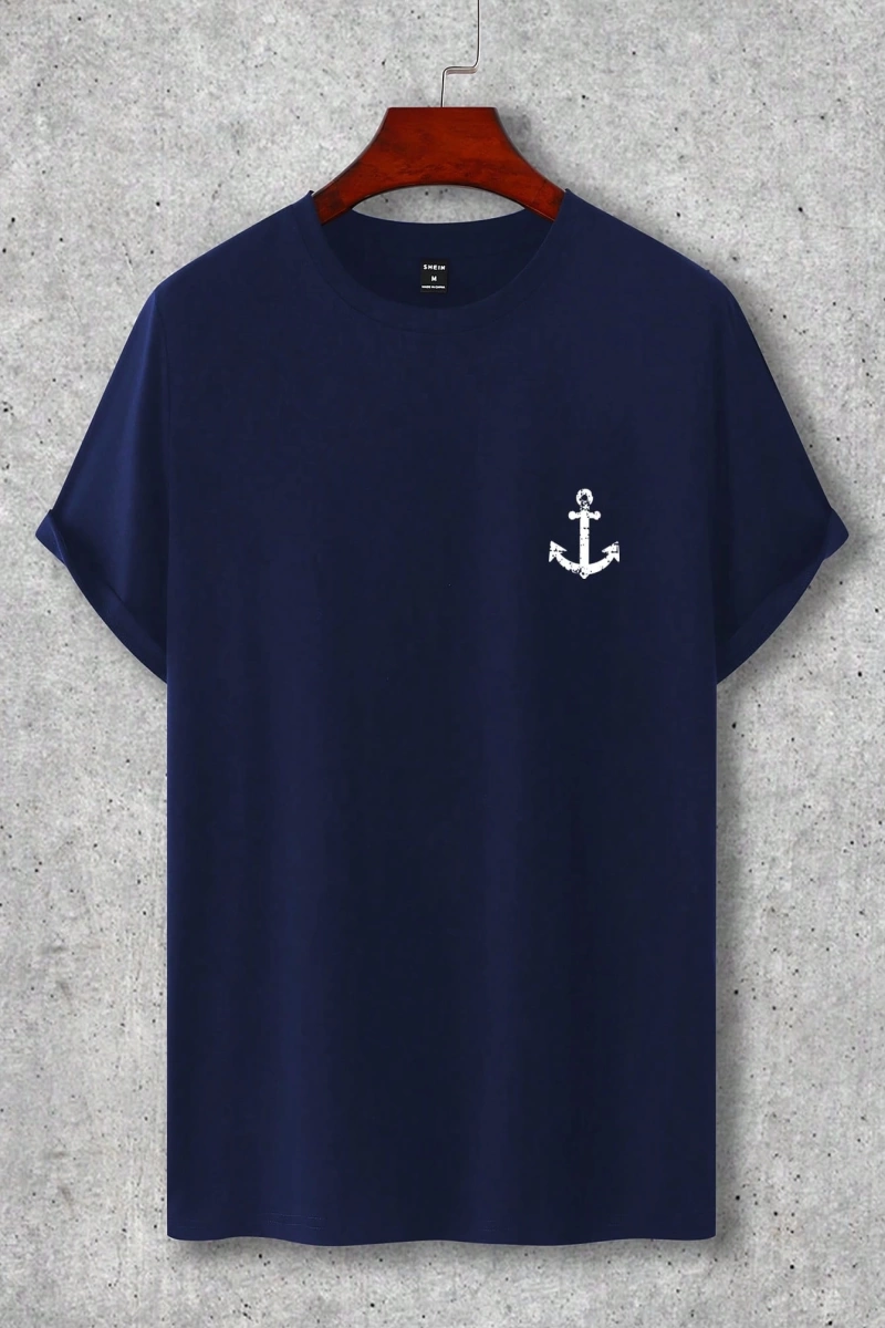 Erkek Tişörtleri Fit Crew Yaka Kısa Kollu Grafik Tişört Çapa Lacivert Rahat Y