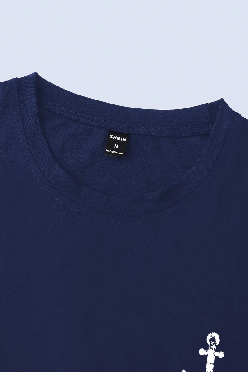 Erkek Tişörtleri Fit Crew Yaka Kısa Kollu Grafik Tişört Çapa Lacivert Rahat Y