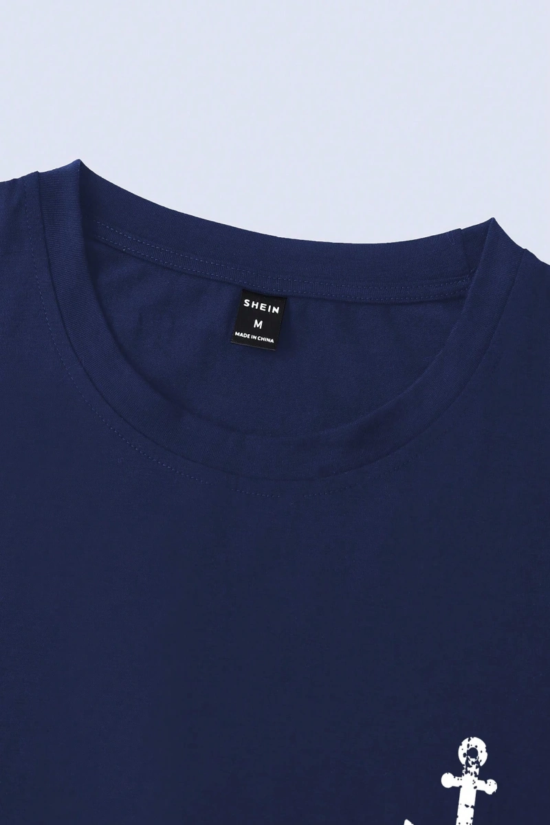 Erkek Tişörtleri Fit Crew Yaka Kısa Kollu Grafik Tişört Çapa Lacivert Rahat Y