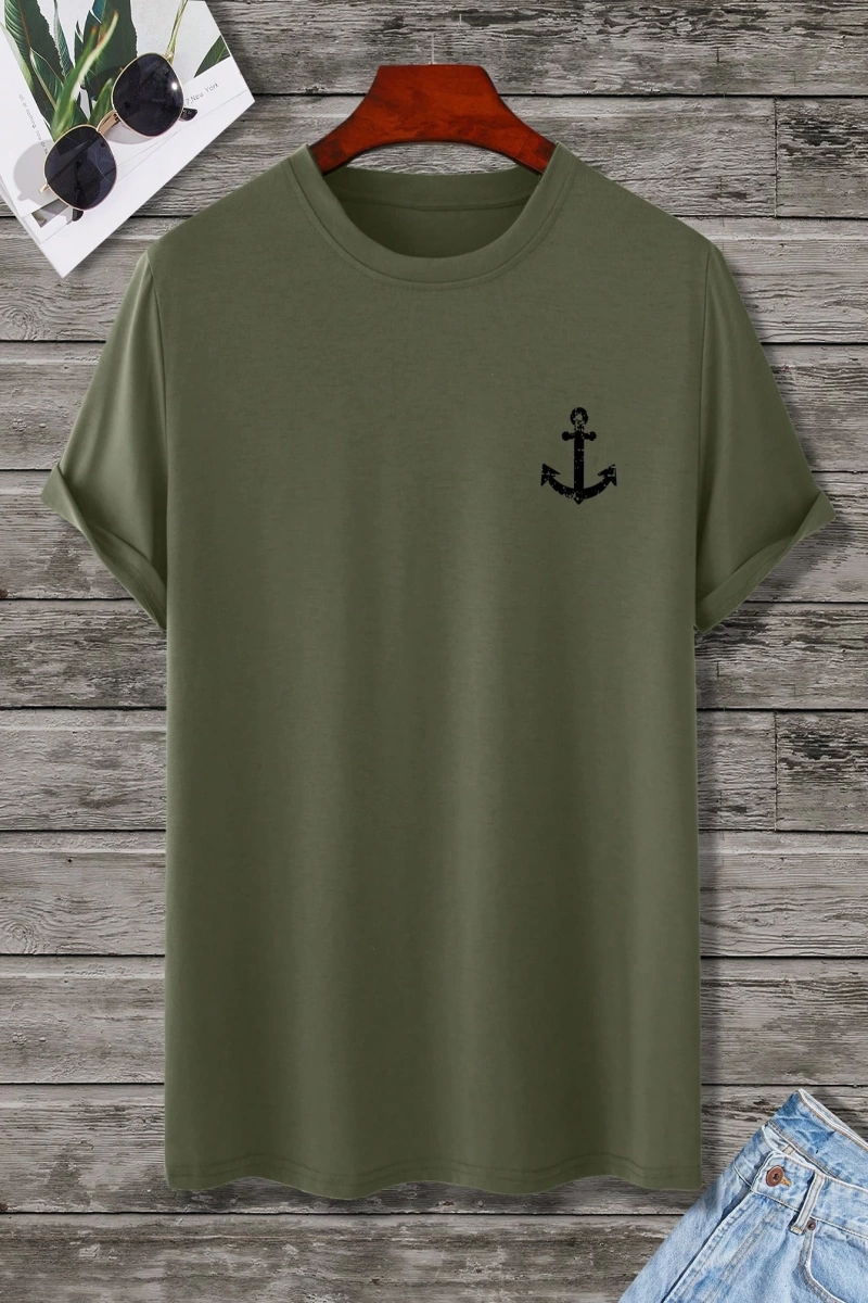 Erkek Tişörtleri Fit Crew Yaka Kısa Kollu Grafik Tişört Çapa Lacivert Rahat Y