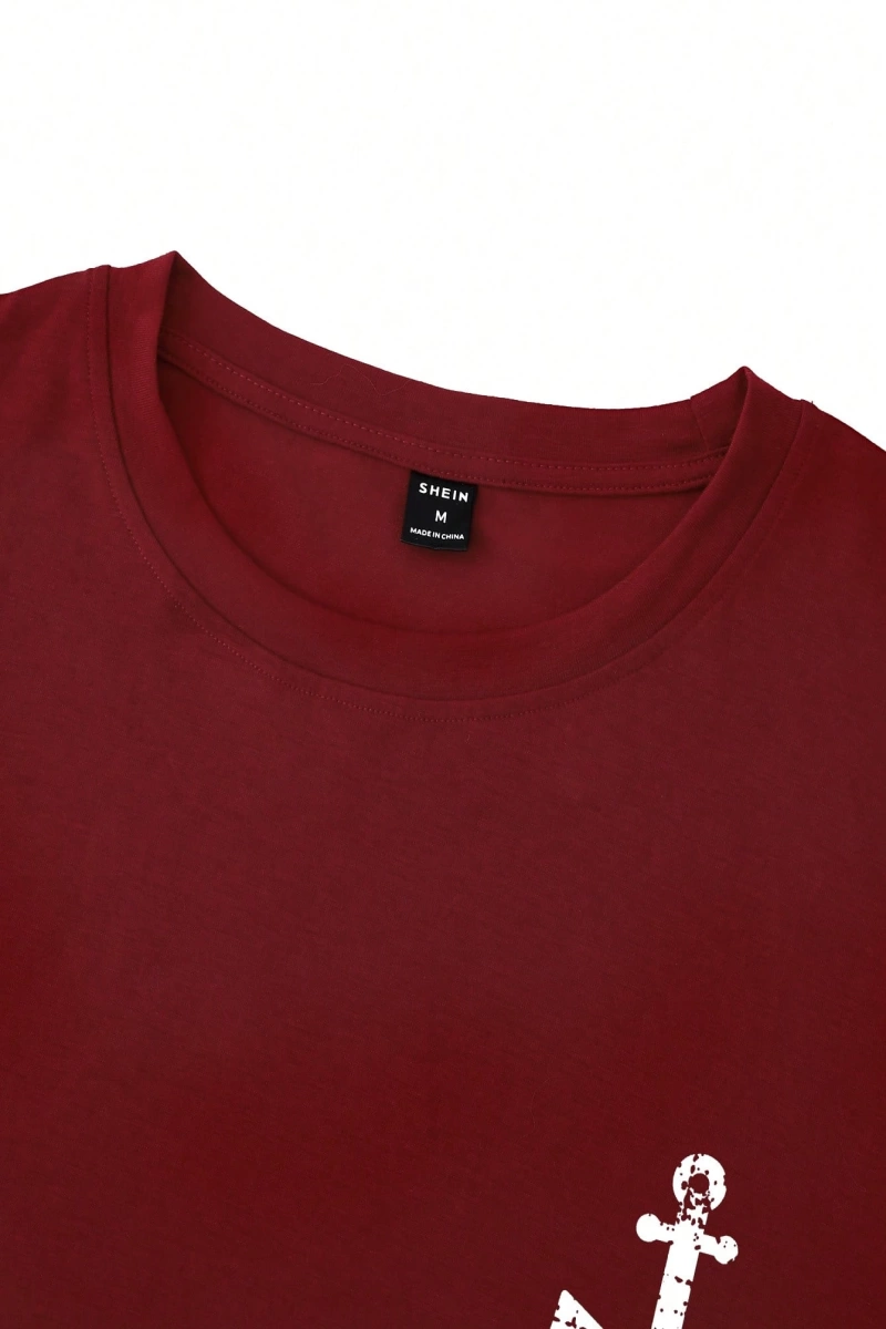Erkek Tişörtleri Fit Crew Yaka Kısa Kollu Grafik Tişört Çapa Lacivert Rahat Y