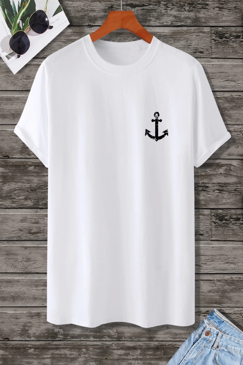 Erkek Tişörtleri Fit Crew Yaka Kısa Kollu Grafik Tişört Çapa Lacivert Rahat Y