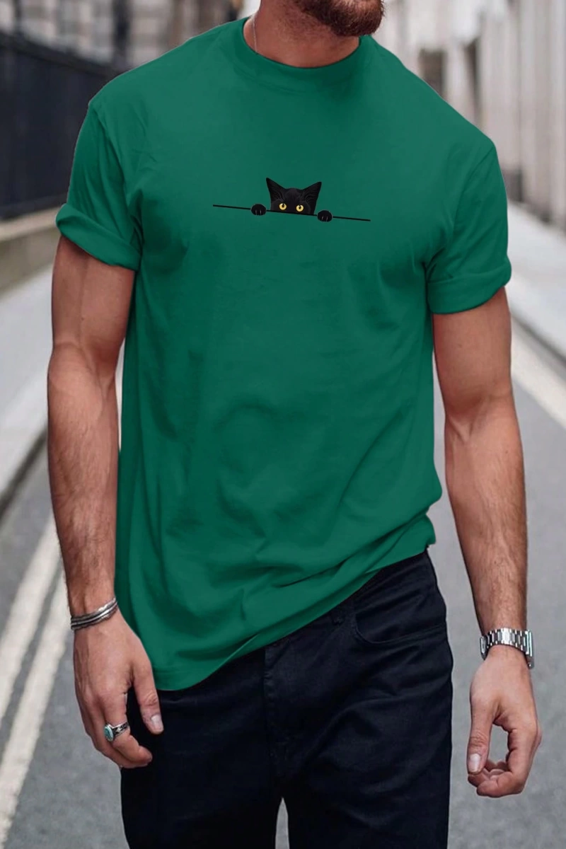 Erkek Tişörtleri Fit Crew Yaka Kısa Kollu Grafik Tişört Kedi Komik Rahat Yaz