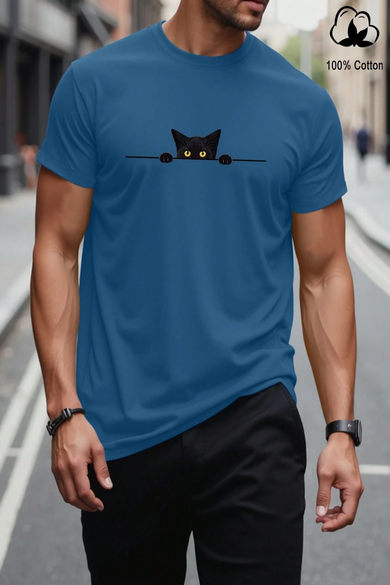 Erkek Tişörtleri Fit Crew Yaka Kısa Kollu Grafik Tişört Kedi Komik Rahat Yaz