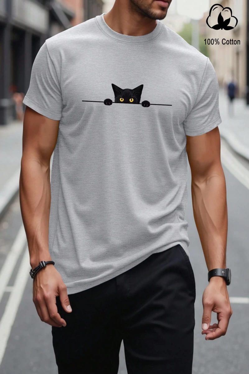 Erkek Tişörtleri Fit Crew Yaka Kısa Kollu Grafik Tişört Kedi Komik Rahat Yaz