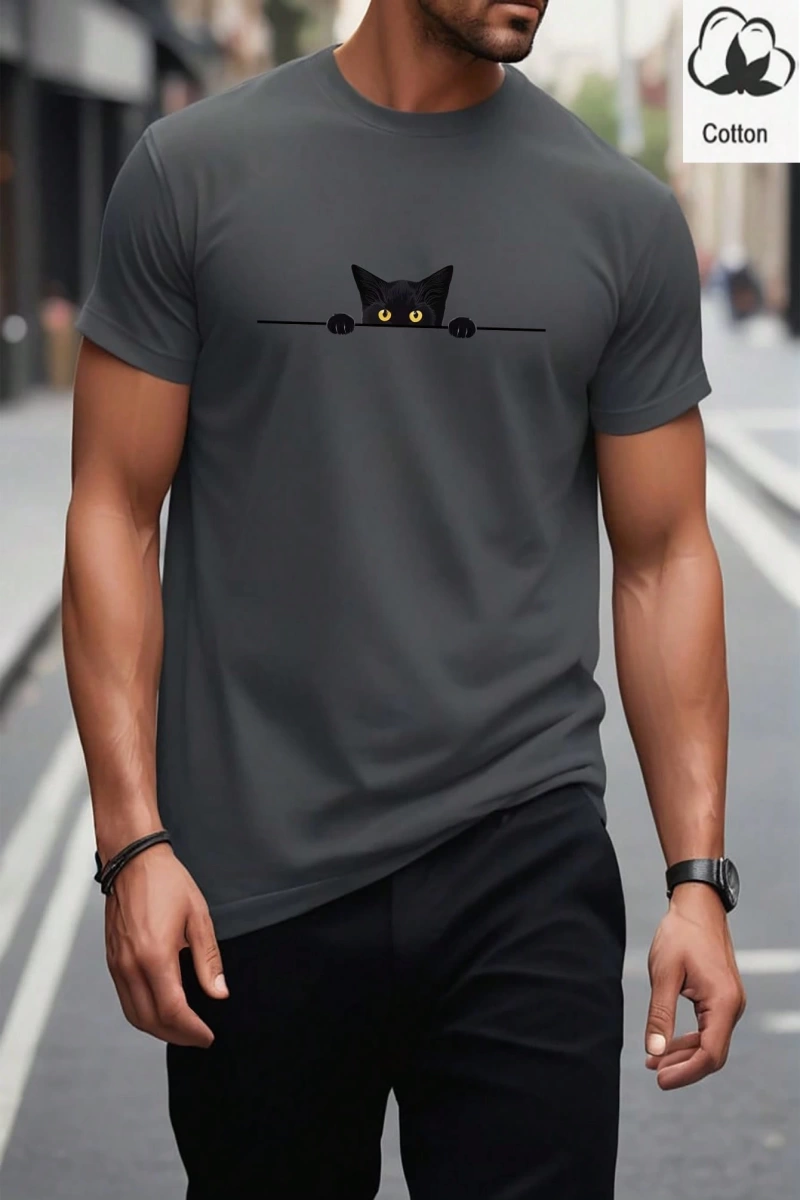 Erkek Tişörtleri Fit Crew Yaka Kısa Kollu Grafik Tişört Kedi Komik Rahat Yaz