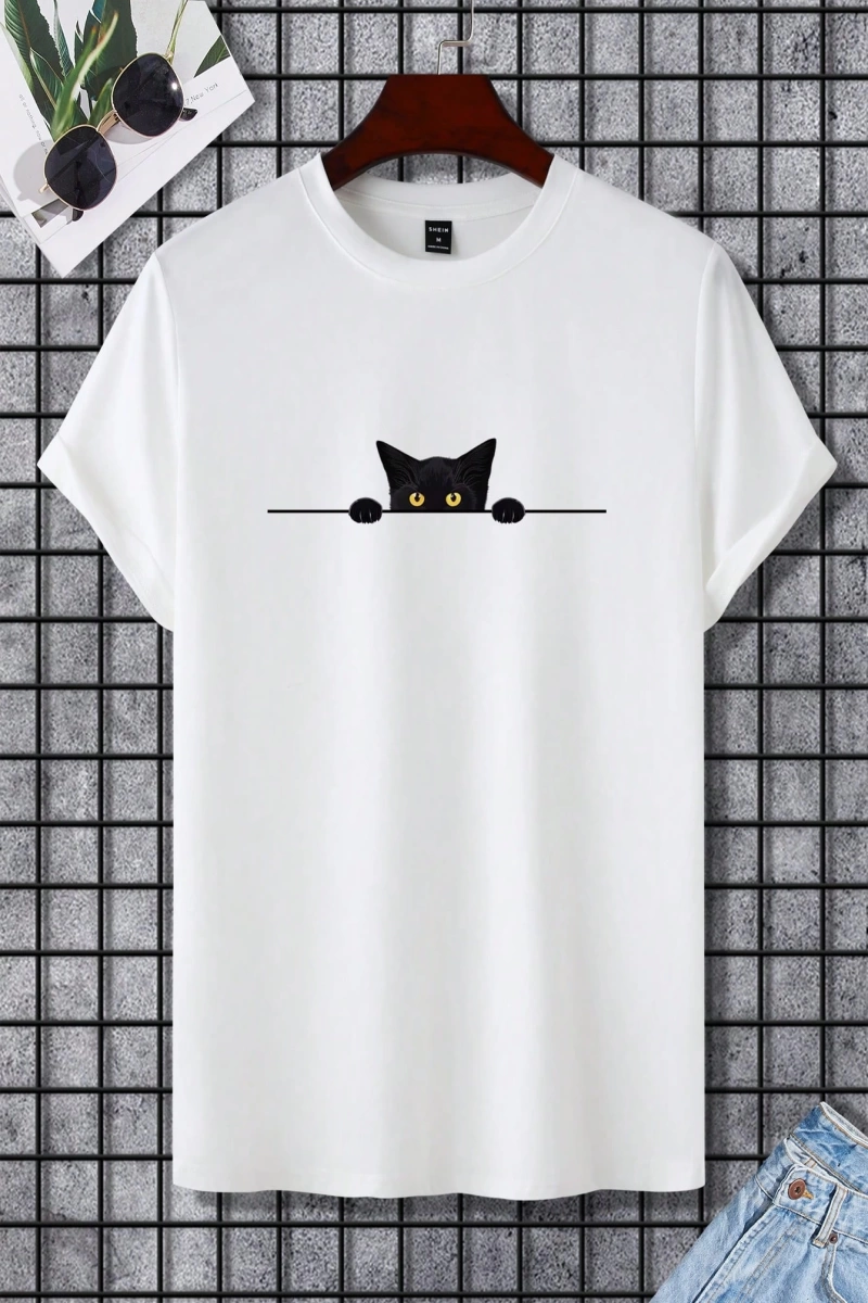 Erkek Tişörtleri Fit Crew Yaka Kısa Kollu Grafik Tişört Kedi Komik Rahat Yaz