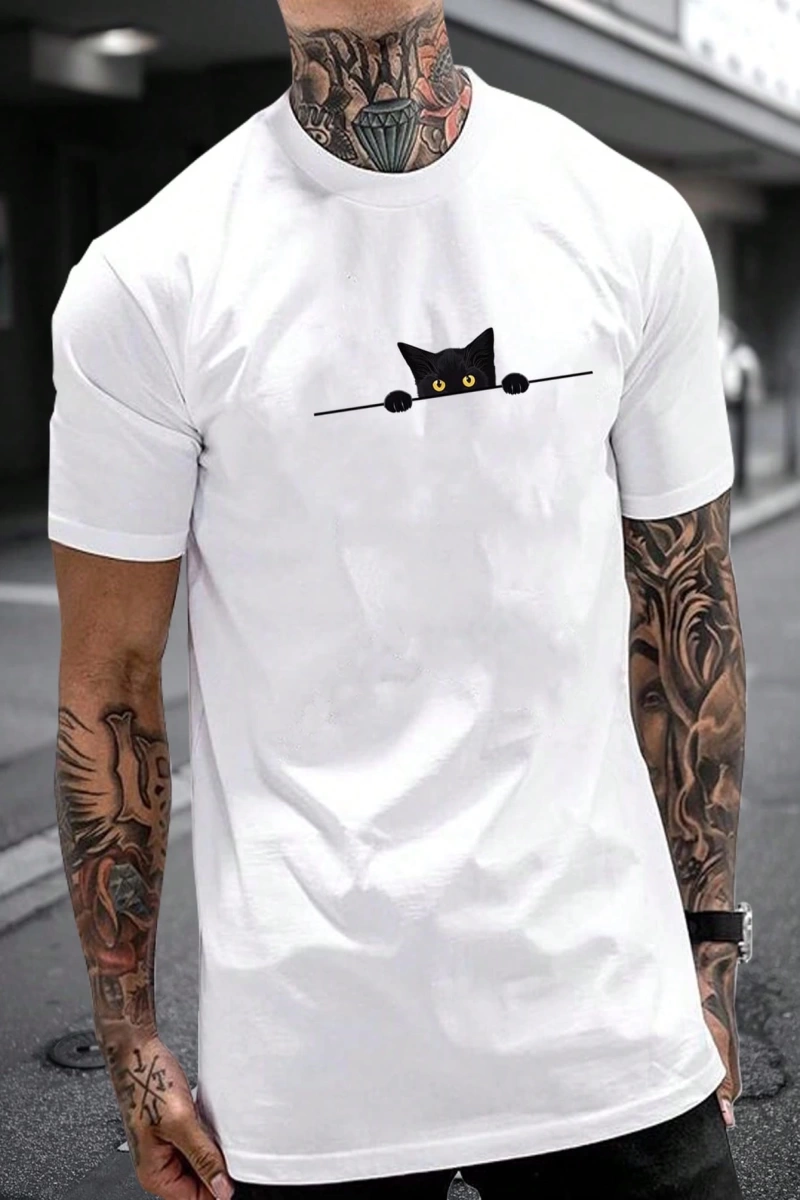 Erkek Tişörtleri Fit Crew Yaka Kısa Kollu Grafik Tişört Kedi Komik Rahat Yaz