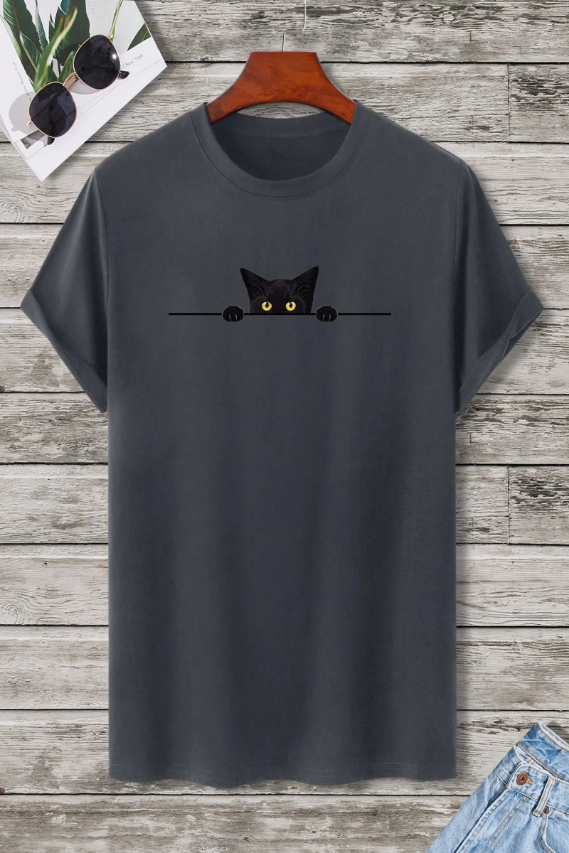 Erkek Tişörtleri Fit Crew Yaka Kısa Kollu Grafik Tişört Kedi Komik Rahat Yaz