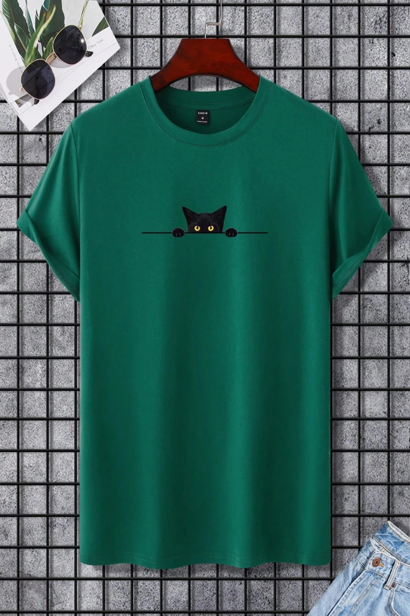 Erkek Tişörtleri Fit Crew Yaka Kısa Kollu Grafik Tişört Kedi Komik Rahat Yaz