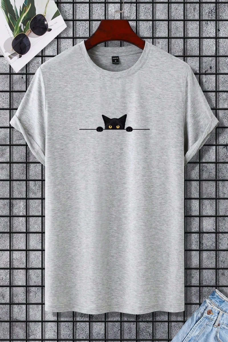 Erkek Tişörtleri Fit Crew Yaka Kısa Kollu Grafik Tişört Kedi Komik Rahat Yaz
