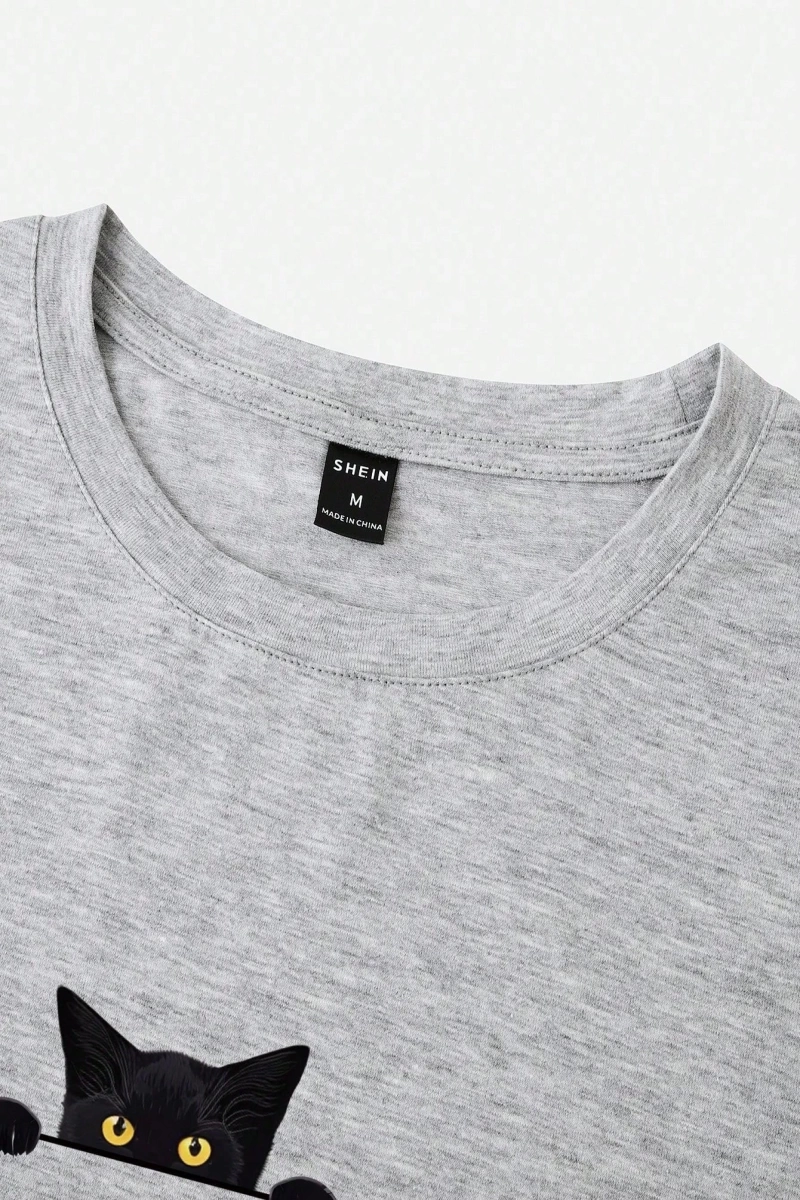 Erkek Tişörtleri Fit Crew Yaka Kısa Kollu Grafik Tişört Kedi Komik Rahat Yaz