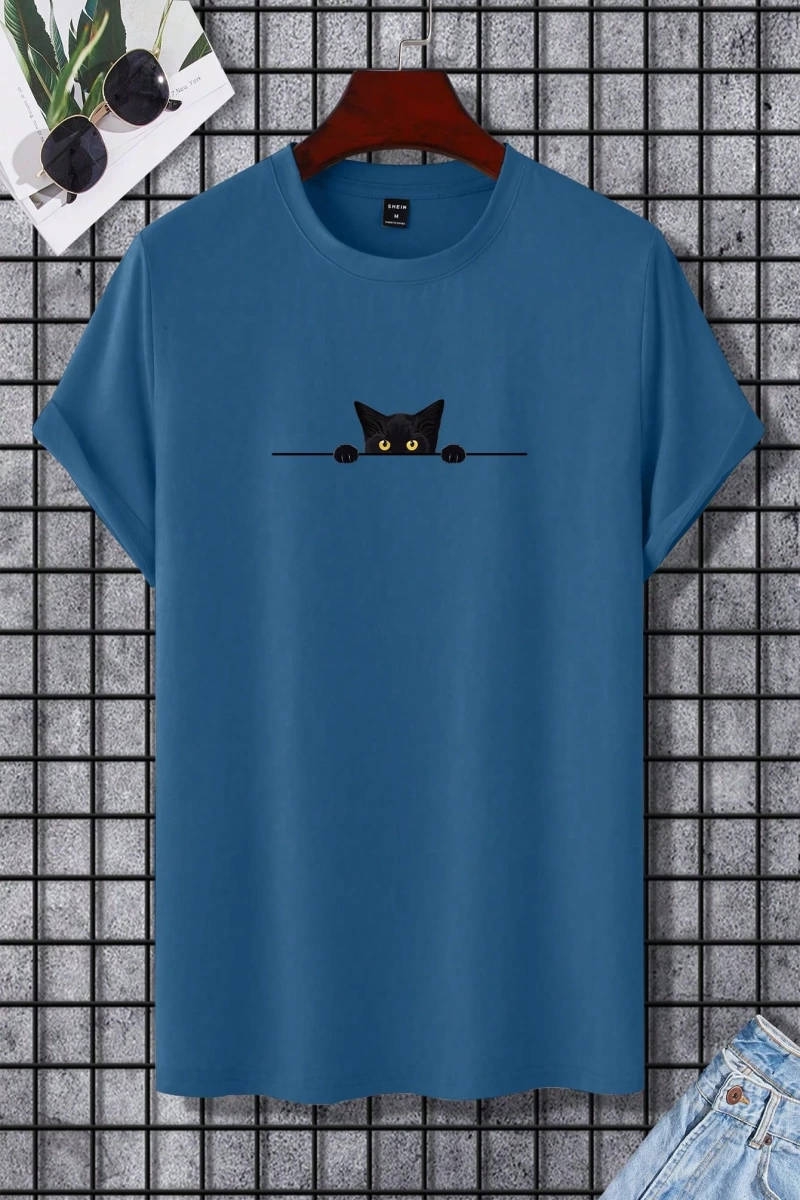 Erkek Tişörtleri Fit Crew Yaka Kısa Kollu Grafik Tişört Kedi Komik Rahat Yaz