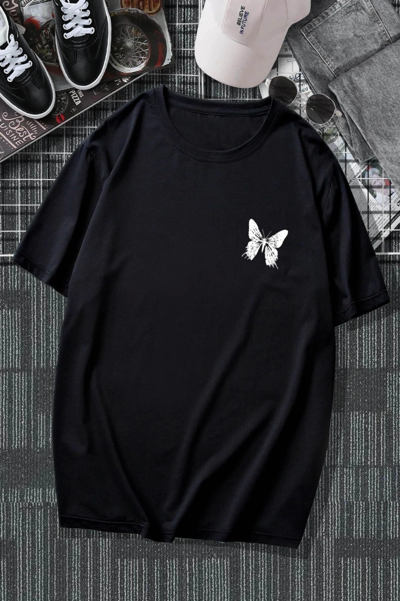 Erkek Tişörtleri Fit Crew Yaka Kısa Kollu Grafik Tişört Kelebek Sokak Yaz Poly