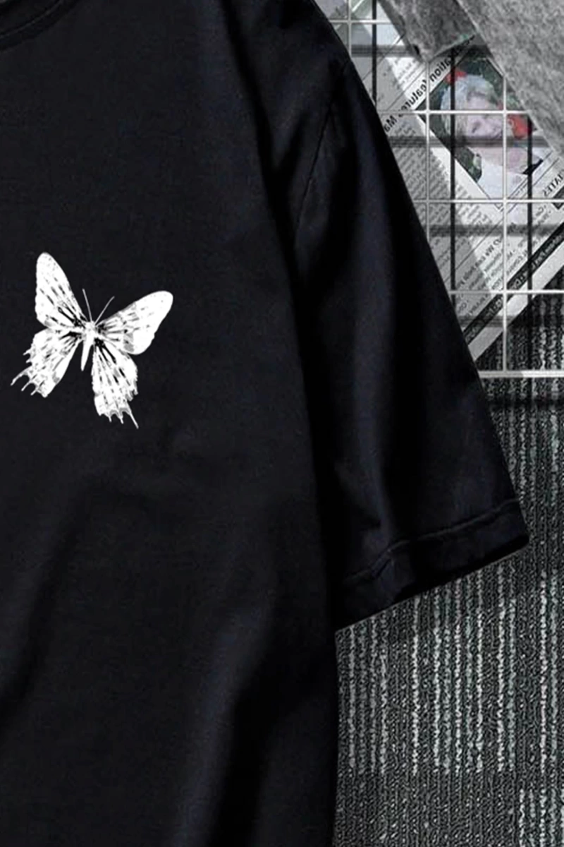 Erkek Tişörtleri Fit Crew Yaka Kısa Kollu Grafik Tişört Kelebek Sokak Yaz Poly