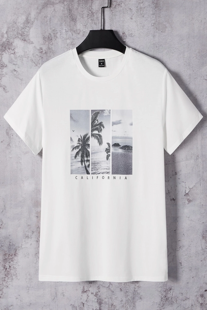 Erkek Tişörtleri Fit Crew Yaka Kısa Kollu Grafik Tişört Palmiye Ağacı Rahat Mo