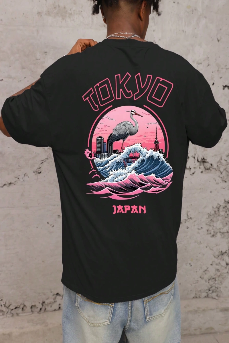 Erkek Tokyo Romantik Gün Batımı Grafik Rahat Kısa Kollu Tişört, Arkadaşlar İç
