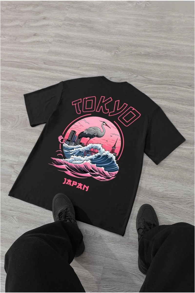 Erkek Tokyo Romantik Gün Batımı Grafik Rahat Kısa Kollu Tişört, Arkadaşlar İç