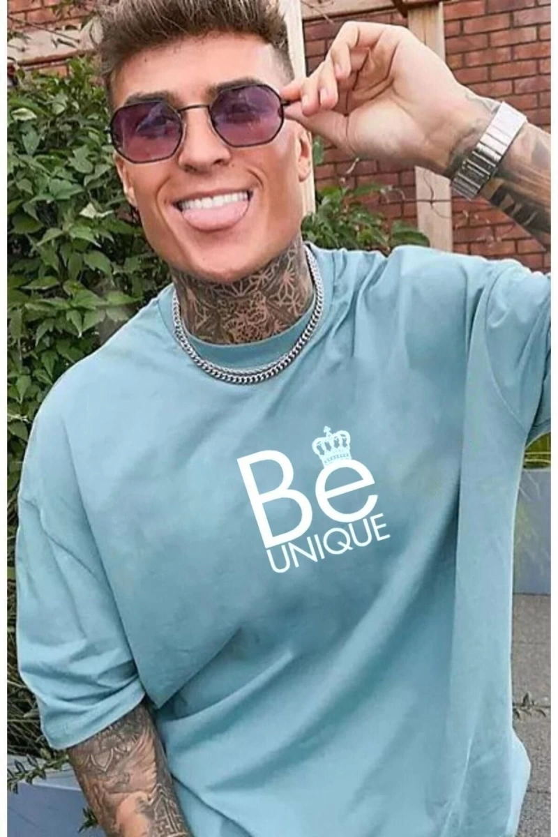 Erkek Turkuaz Be Unique Baskılı Oversize Bisiklet Yaka Kısa Kollu T-shirt