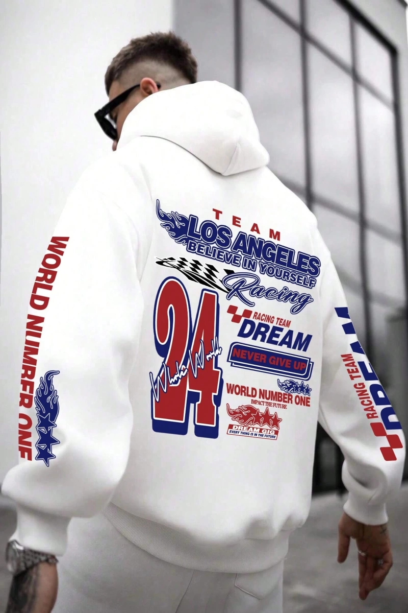 Erkek Yaratıcı Baskılı Mektup Rahat Spor Yolcu Çok Yönlü Uzun Kollu Kapşonlu Sweatshirt