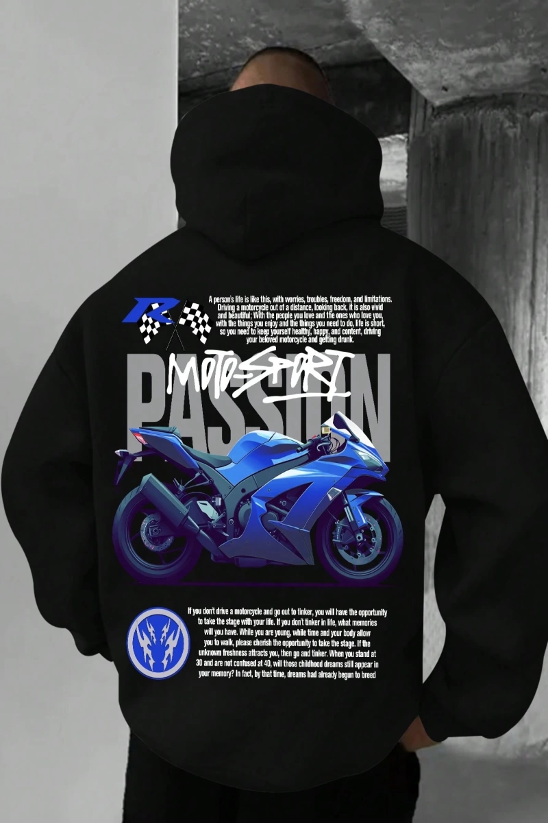 Erkek Yaratıcı Motosiklet Baskılı Günlük Spor Seyahat Tüm Maçlar Mektup Uzun Kollu Kapşonlu K