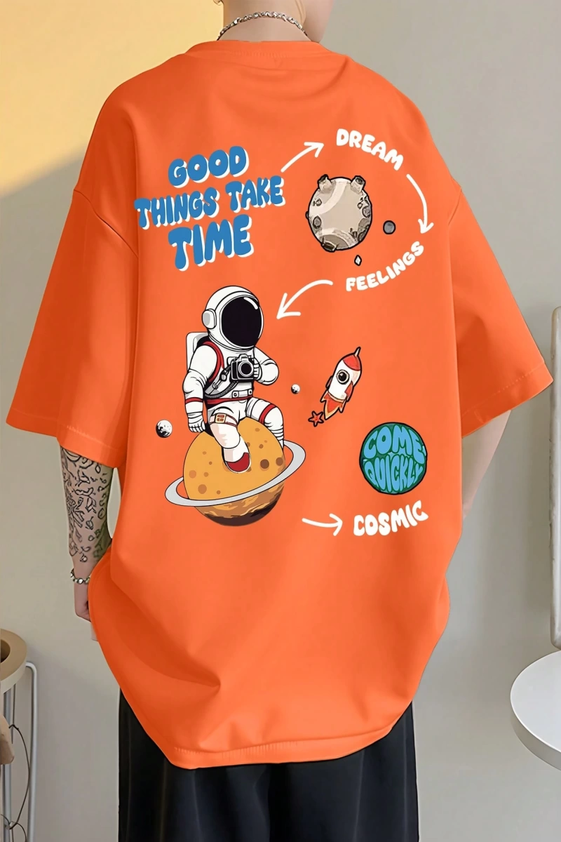 Erkek Yaz Astronot Desen Baskılı Rahat Kısa Kollu Yuvarlak Yaka Tişört