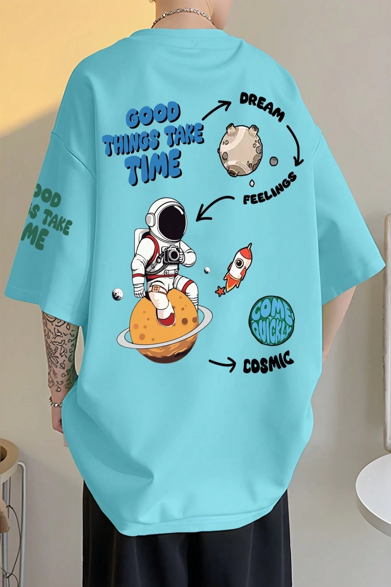 Erkek Yaz Astronot Desen Baskılı Rahat Kısa Kollu Yuvarlak Yaka Tişört