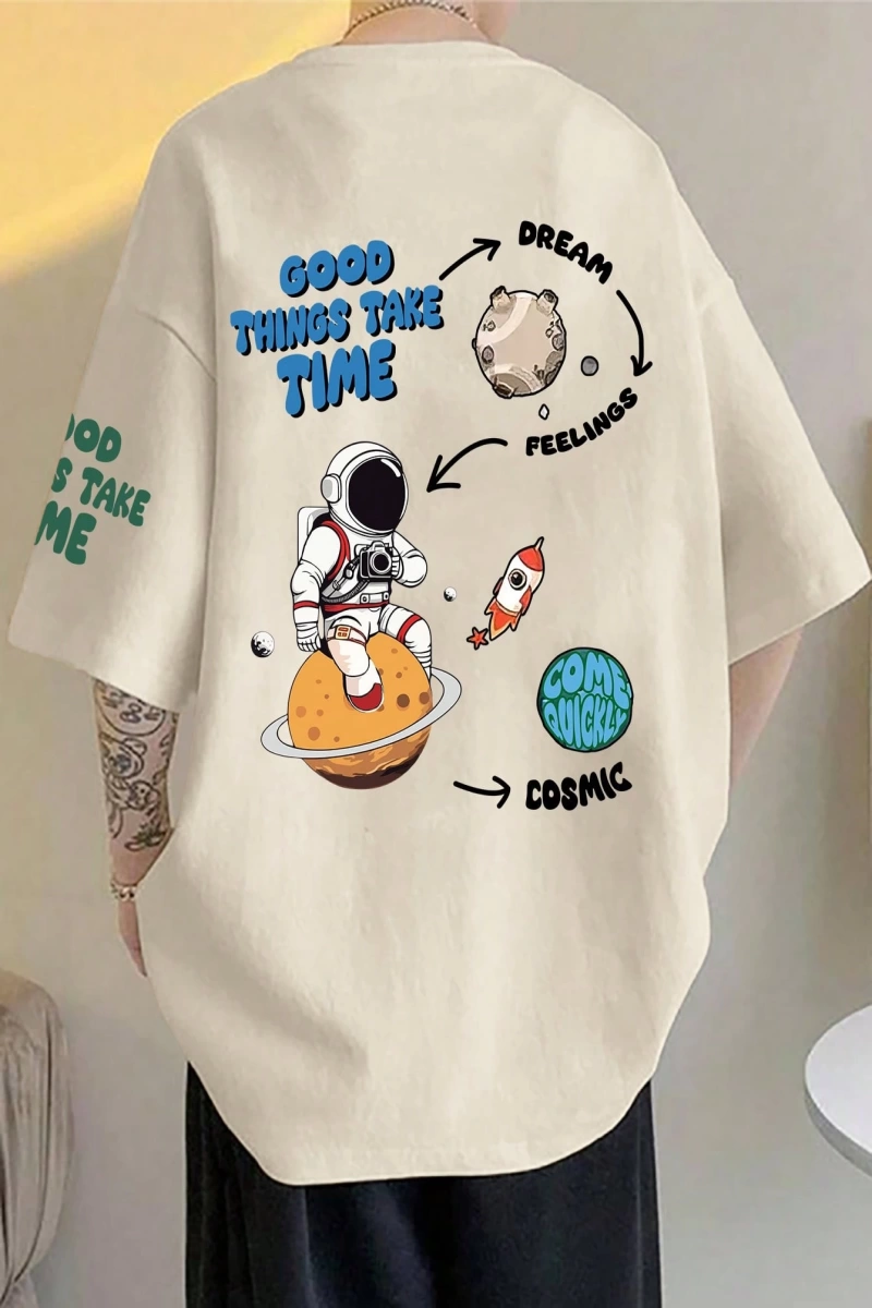 Erkek Yaz Astronot Desen Baskılı Rahat Kısa Kollu Yuvarlak Yaka Tişört