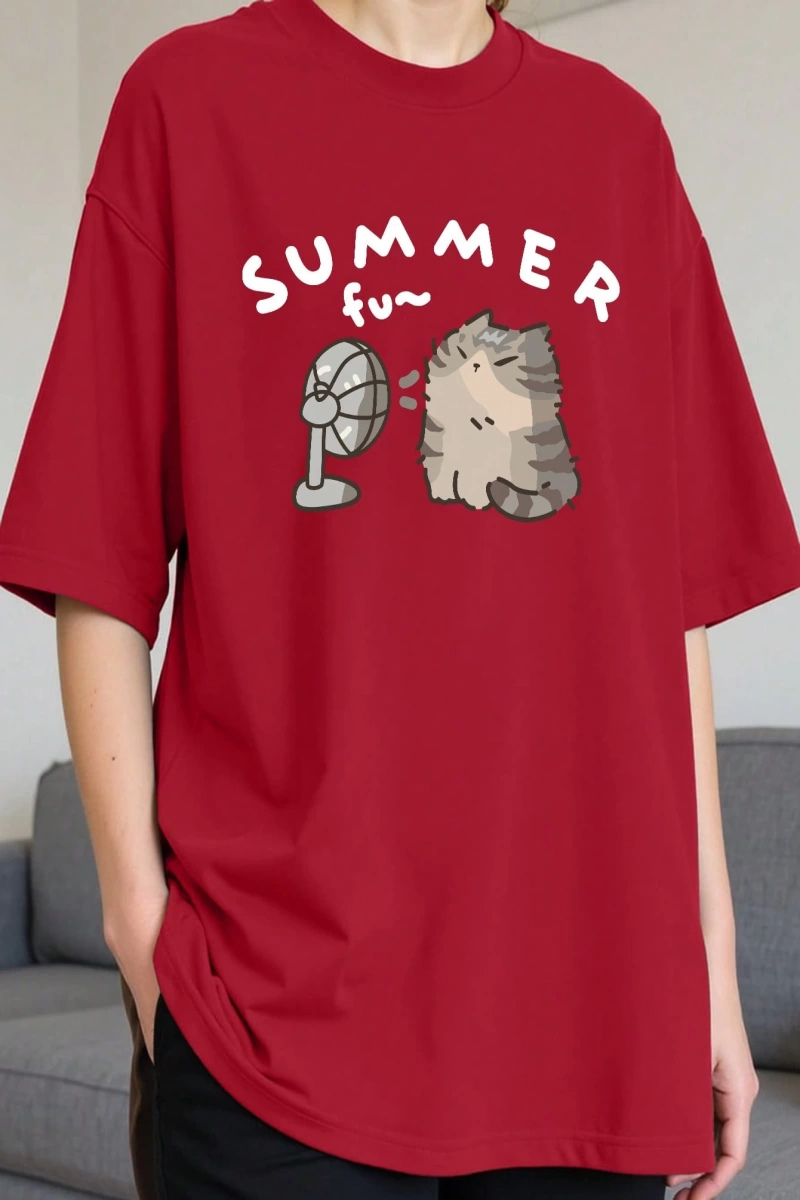 Erkek Yaz Rahat Kesim Sevimli Karikatür Kedi Grafik Baskılı Yuvarlak Yaka