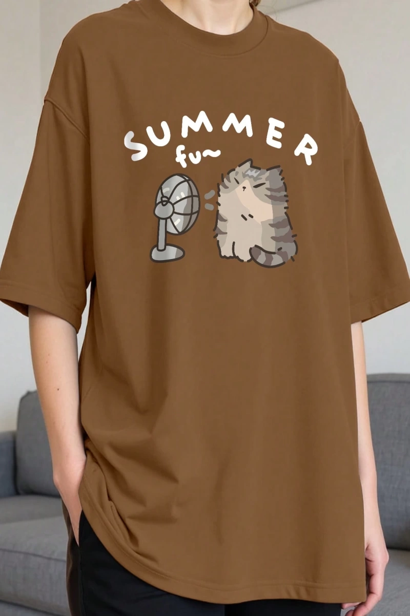 Erkek Yaz Rahat Kesim Sevimli Karikatür Kedi Grafik Baskılı Yuvarlak Yaka