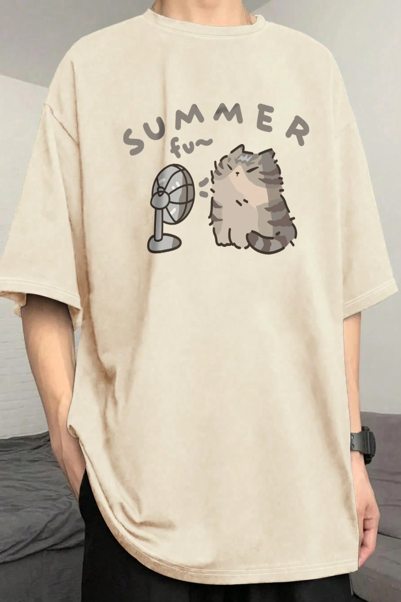 Erkek Yaz Rahat Kesim Sevimli Karikatür Kedi Grafik Baskılı Yuvarlak Yaka