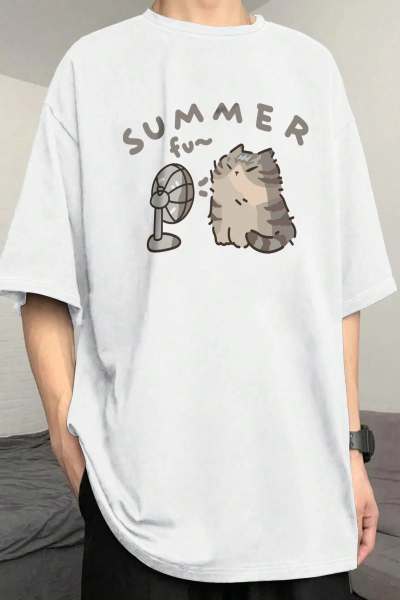Erkek Yaz Rahat Kesim Sevimli Karikatür Kedi Grafik Baskılı Yuvarlak Yaka