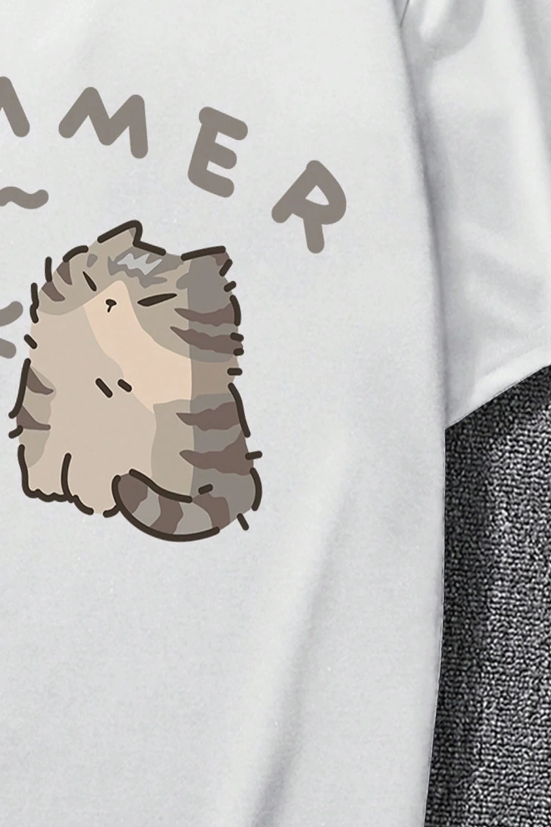 Erkek Yaz Rahat Kesim Sevimli Karikatür Kedi Grafik Baskılı Yuvarlak Yaka