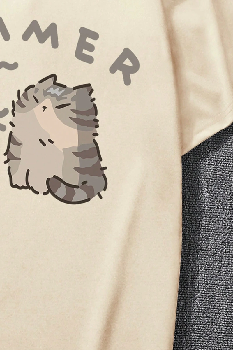 Erkek Yaz Rahat Kesim Sevimli Karikatür Kedi Grafik Baskılı Yuvarlak Yaka
