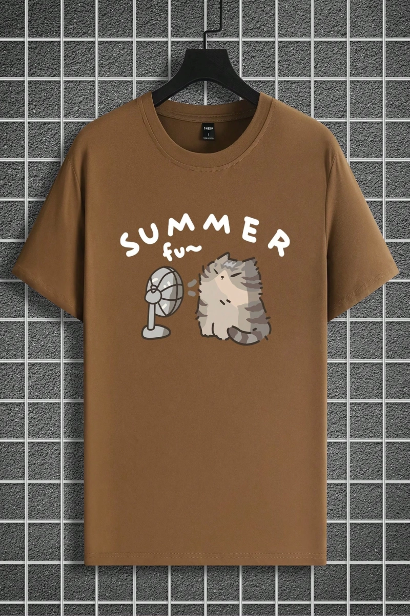 Erkek Yaz Rahat Kesim Sevimli Karikatür Kedi Grafik Baskılı Yuvarlak Yaka