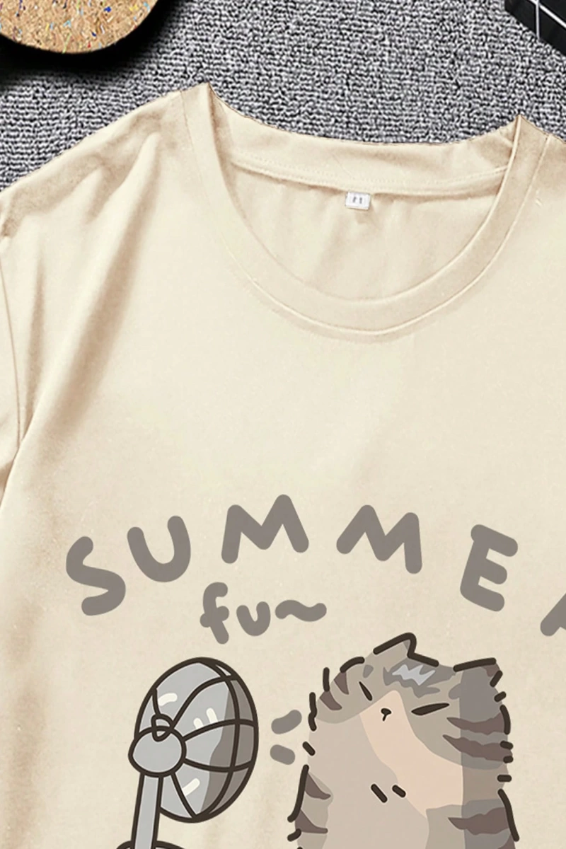 Erkek Yaz Rahat Kesim Sevimli Karikatür Kedi Grafik Baskılı Yuvarlak Yaka