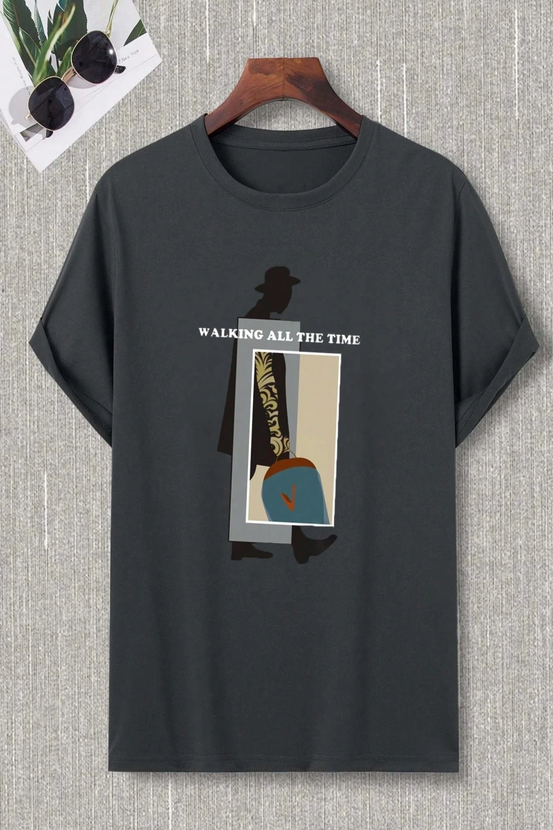 Erkek Yaz Slogan Baskılı Yuvarlak Yaka Kısa Kollu Günlük Tişört
