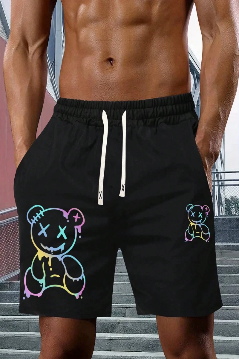 Erkek Yaz Yeni Kişiselleştirilmiş Degrade Teddy Ayı Desen Baskılı Şort