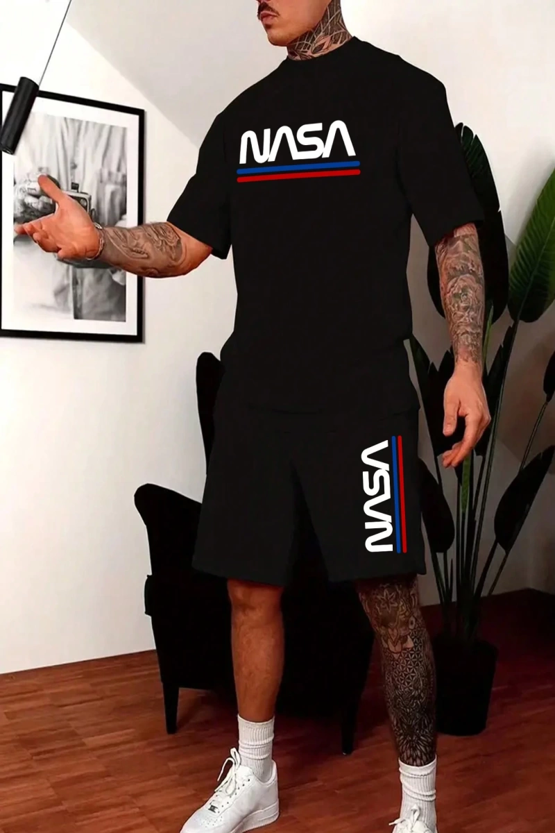 Erkek Yazlık Mektup Grafik Kısa Kollu Günlük Tişört Ve Lastikli Bel Şort Takı