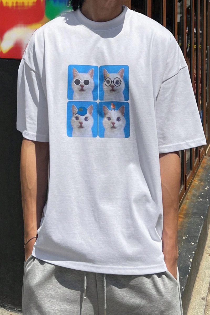 Erkek Yazlık Rahat Kedi Baskılı Büyük Boy Kısa Kollu Tişört