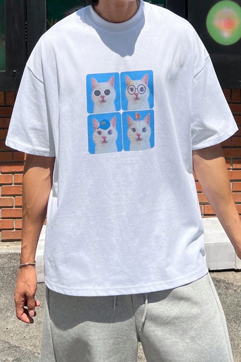 Erkek Yazlık Rahat Kedi Baskılı Büyük Boy Kısa Kollu Tişört